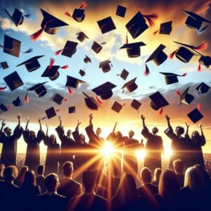 Celebratory graduation cap toss.