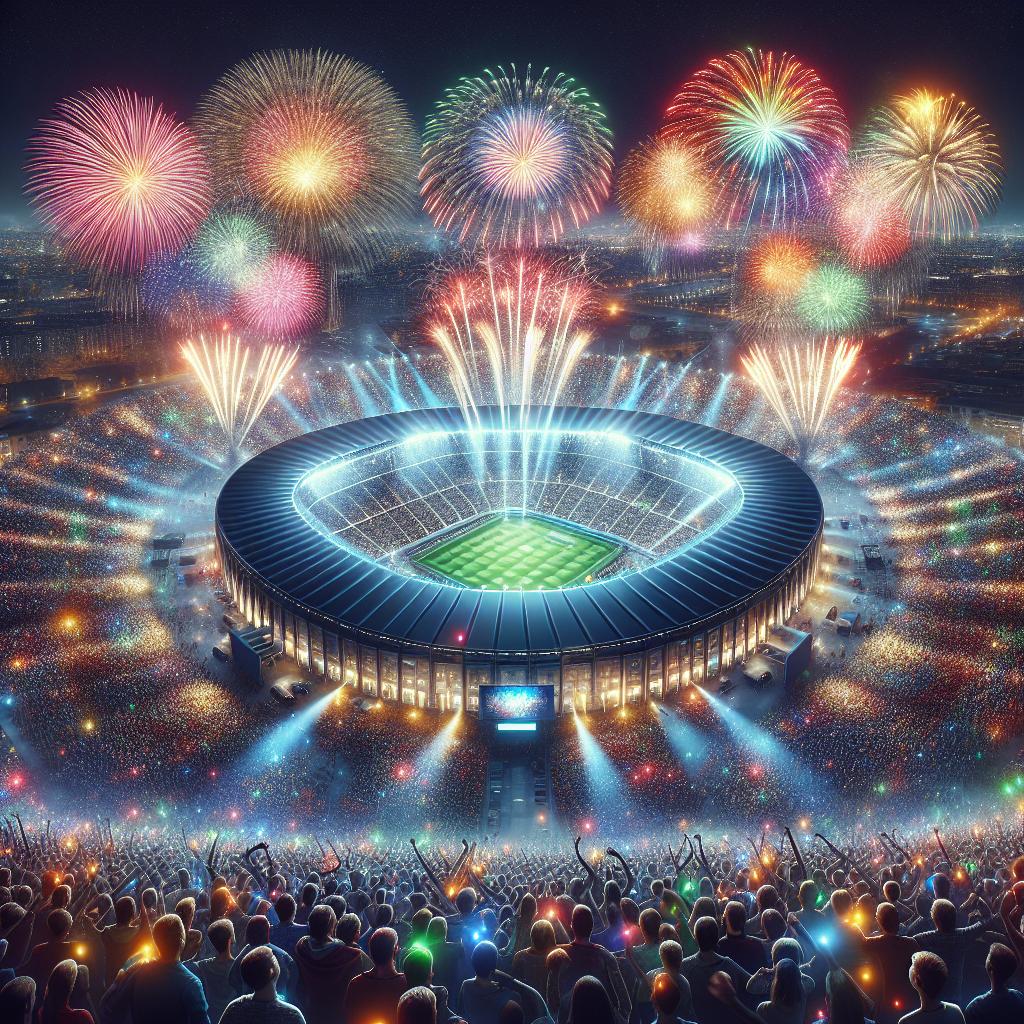 Fireworks display over stadium.