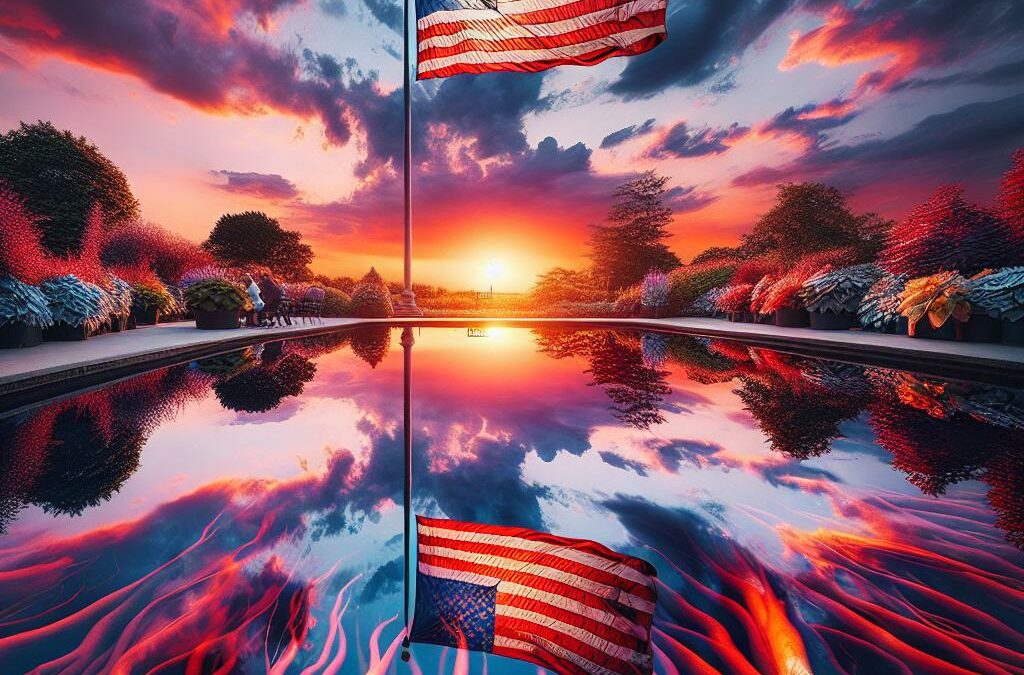 "American flag reflection sunset"