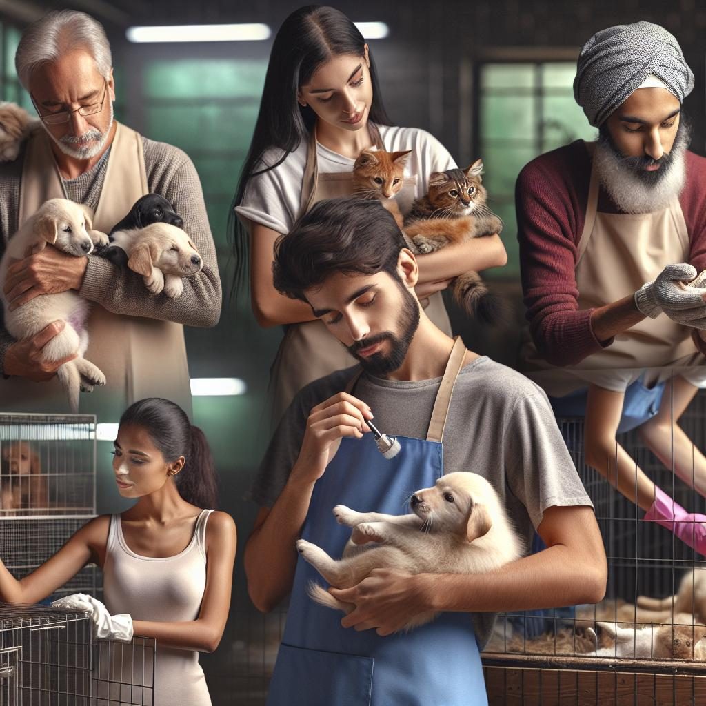 Animal shelter volunteers caring