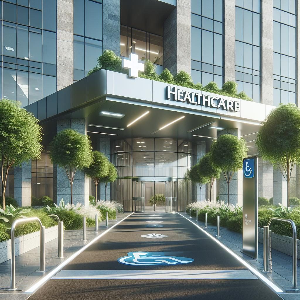 Healthcare facility exterior entrance.