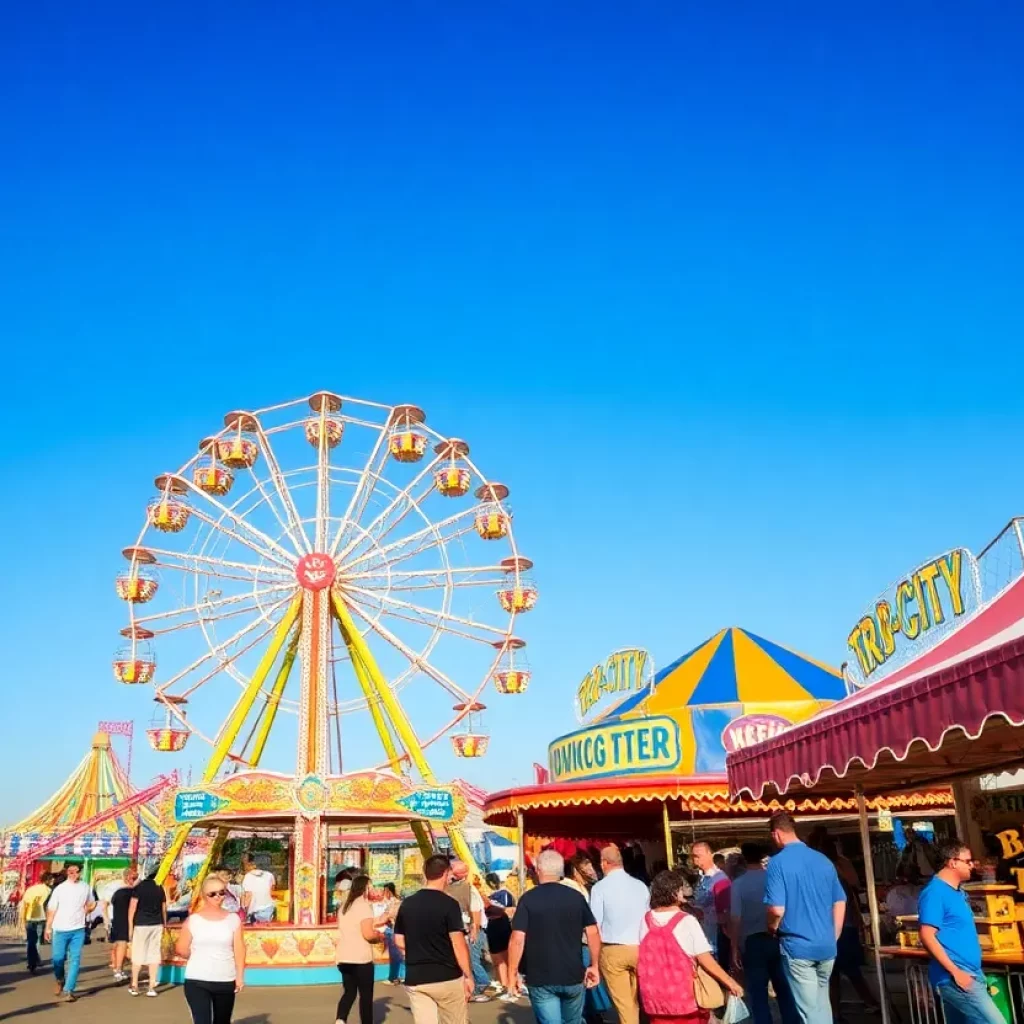 Crowd enjoying rides and attractions at the Big Tri-City Fair in Bristol, Tennessee.