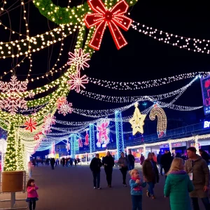 Bristol Speedway decorated with millions of colorful holiday lights.