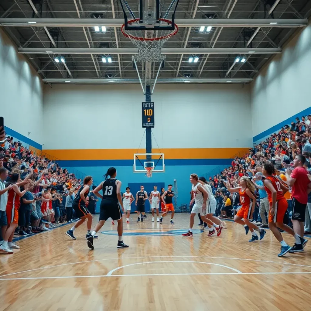 High school basketball players competing in a spirited game.