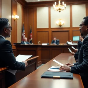 Courtroom scene depicting an election integrity case.