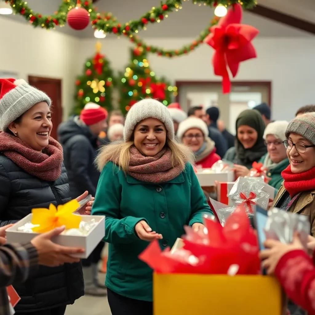 Volunteers at Johnson City Christmas event distributing meals and gifts