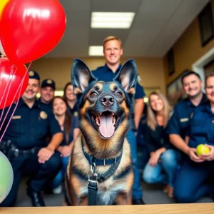 Celebration for retiring K9 officer Pico with police officers and decorations