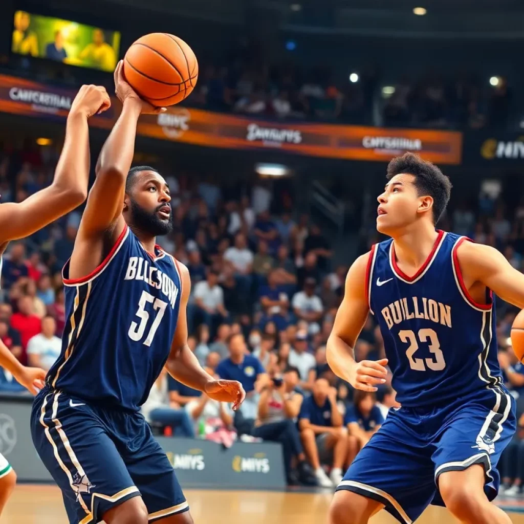 Basketball players in action during a tournament game