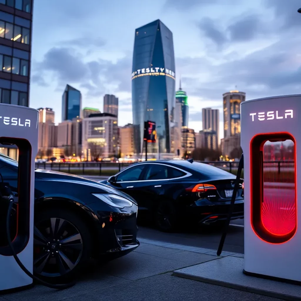 Tesla Supercharger station in Warsaw with electric vehicles charging.