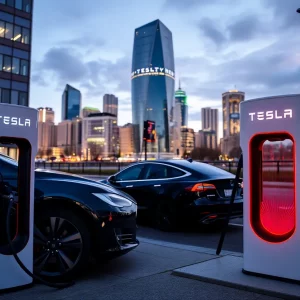 Tesla Supercharger station in Warsaw with electric vehicles charging.