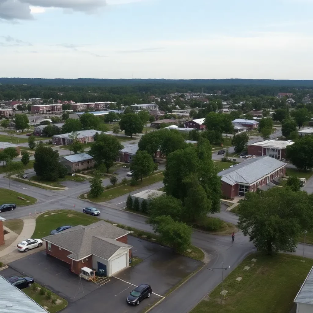 Aerial view of damaged schools and flooded areas in East Tennessee after Hurricane Helene