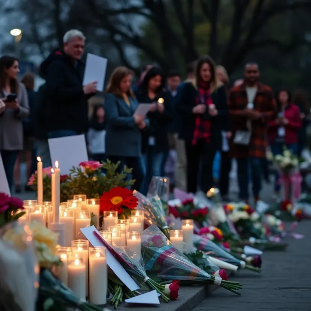 Community gathering with candles and flowers in remembrance of New Year's attack victims.