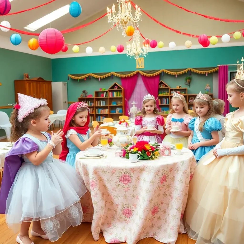 Children enjoying a Royal Tea Party in Bristol, dressed in royal attire.