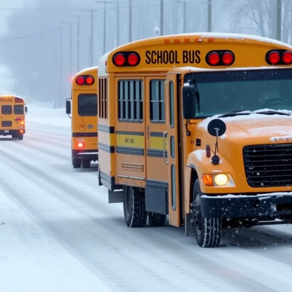 Winter scene in Bristol, Virginia with school buses and emergency vehicles