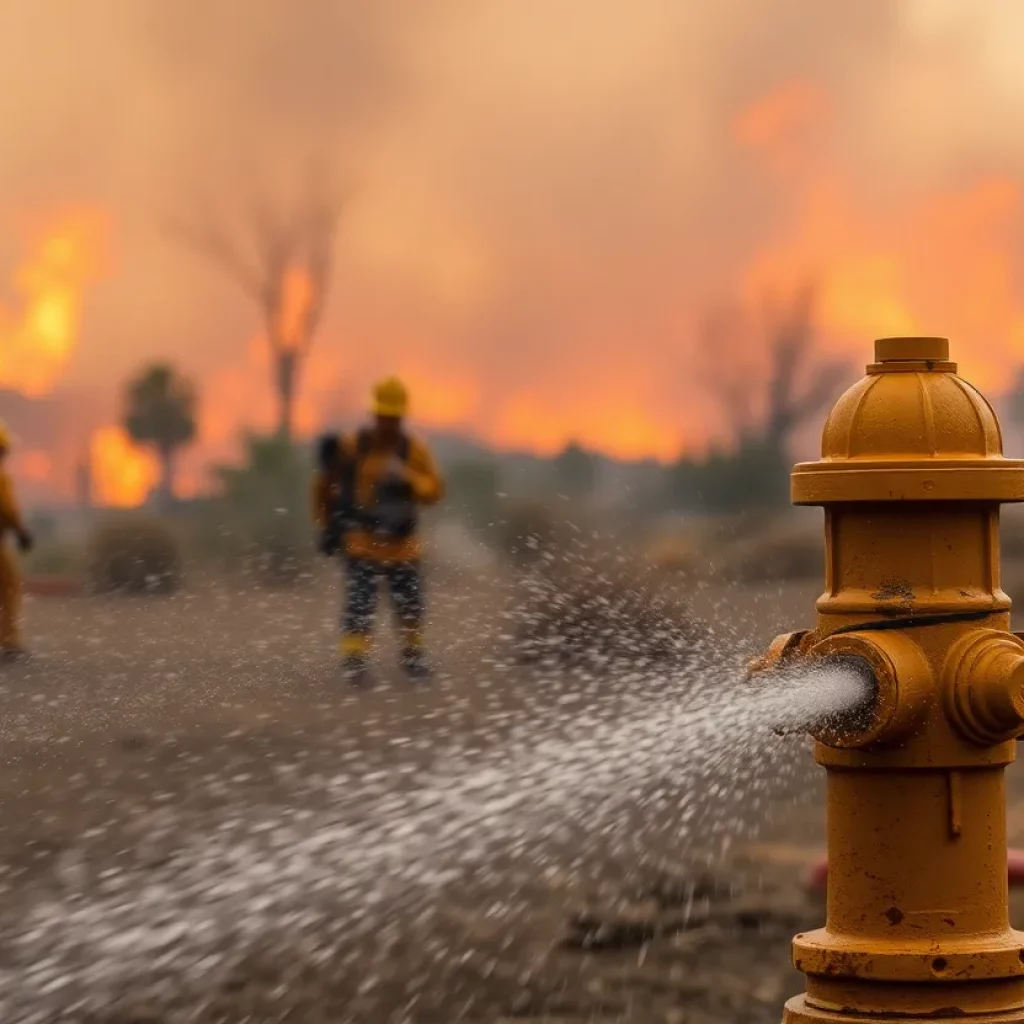 Firefighters combating wildfires in California with fire hydrants in view