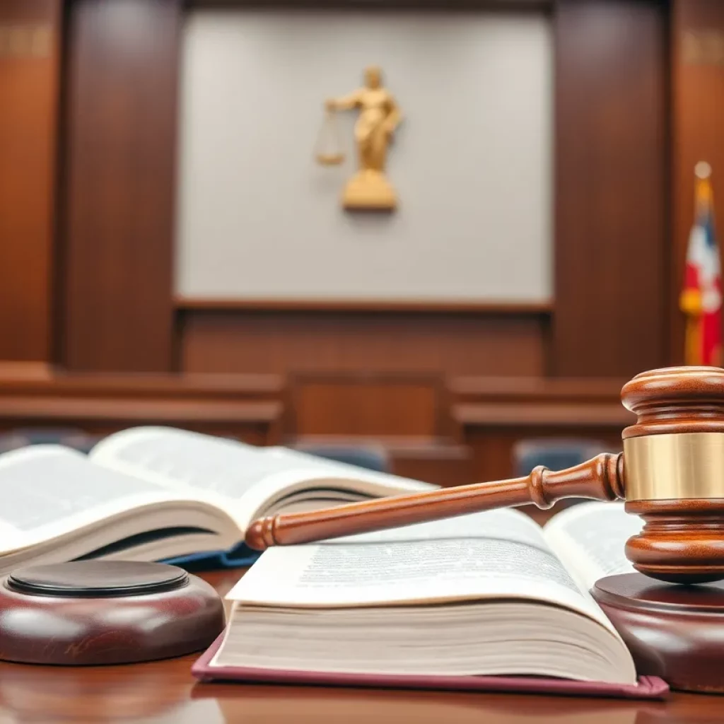 A gavel and law books in a courtroom symbolizing justice