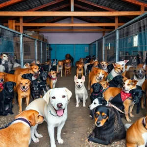 An emotional scene at the Elizabethton animal shelter with abandoned pets seeking comfort.