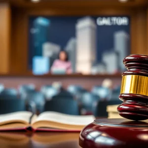 Interior view of an Elizabethton courtroom with legal books and a gavel