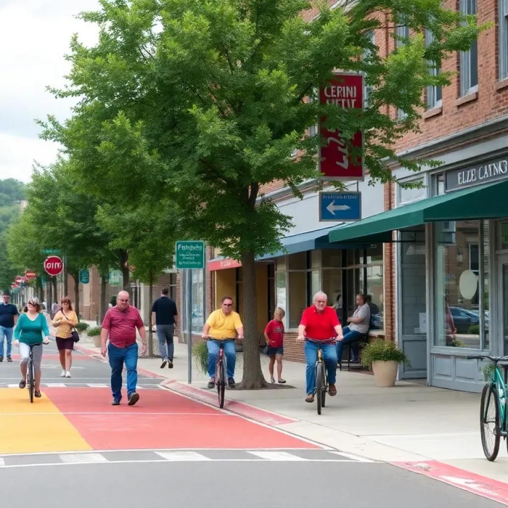 Visual representation of Elizabethton downtown improvements with bike lanes and people walking.