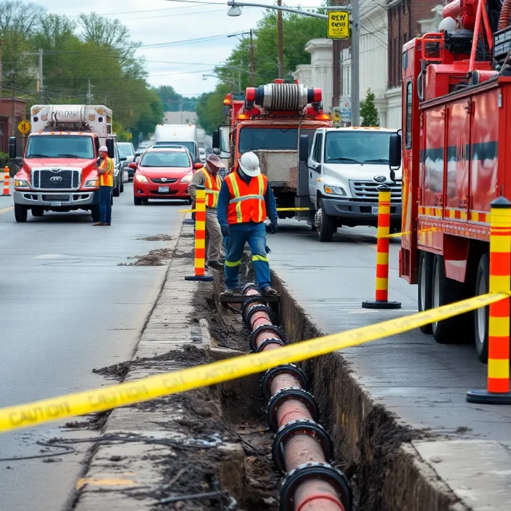 Construction workers repairing a water line on a street in Elizabethton, TN.