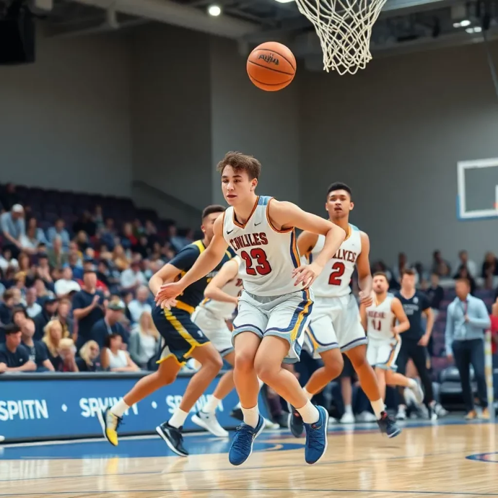 Players from Francis Marion University in a competitive basketball game