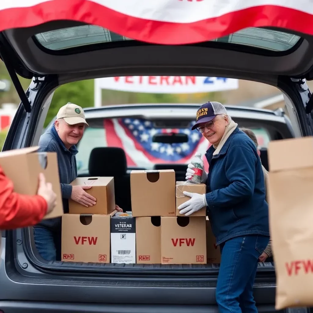 Volunteers assisting veterans during a food distribution event