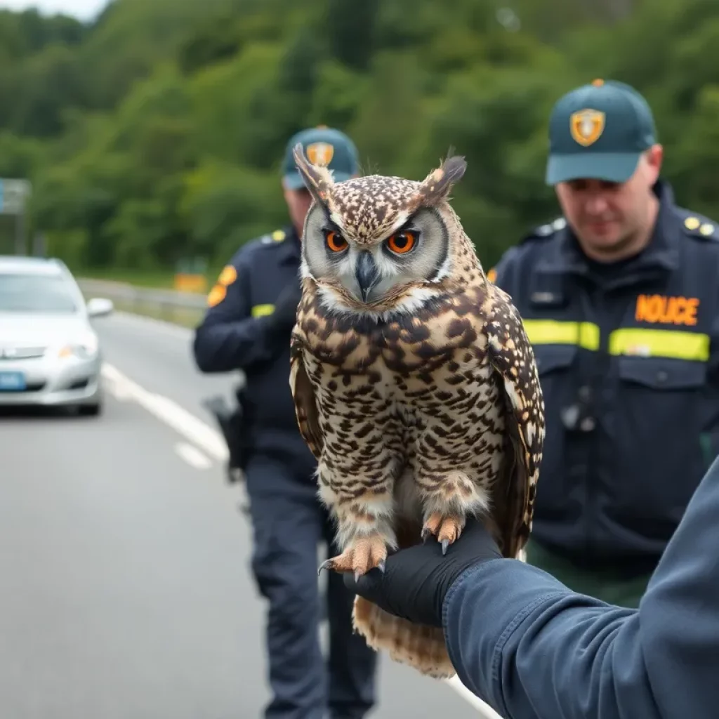 Tennessee Highway Patrol rescuing a Great Horned Owl from the roadside