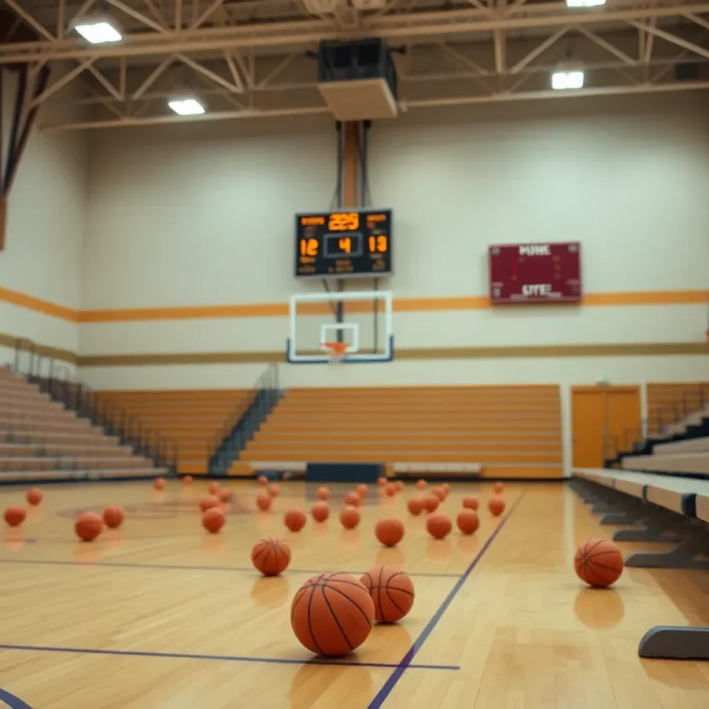 Empty high school gymnasium with basketballs