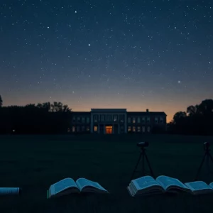 Starry night sky over a school building with elements of learning