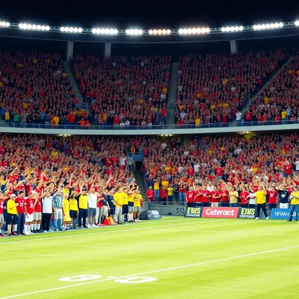 Fans cheering at the football stadium during the rivalry game