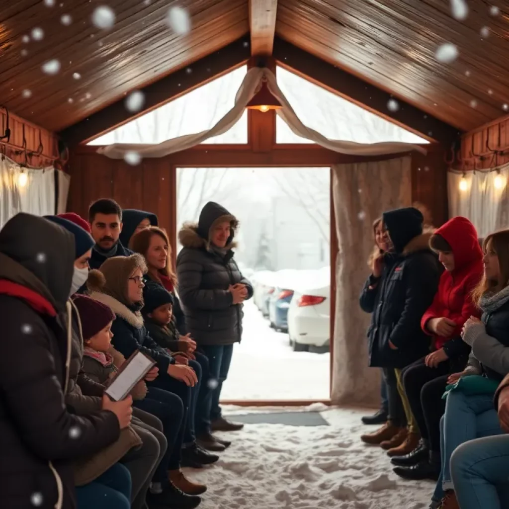 Community members gathering inside a warm shelter during winter in Johnson City.