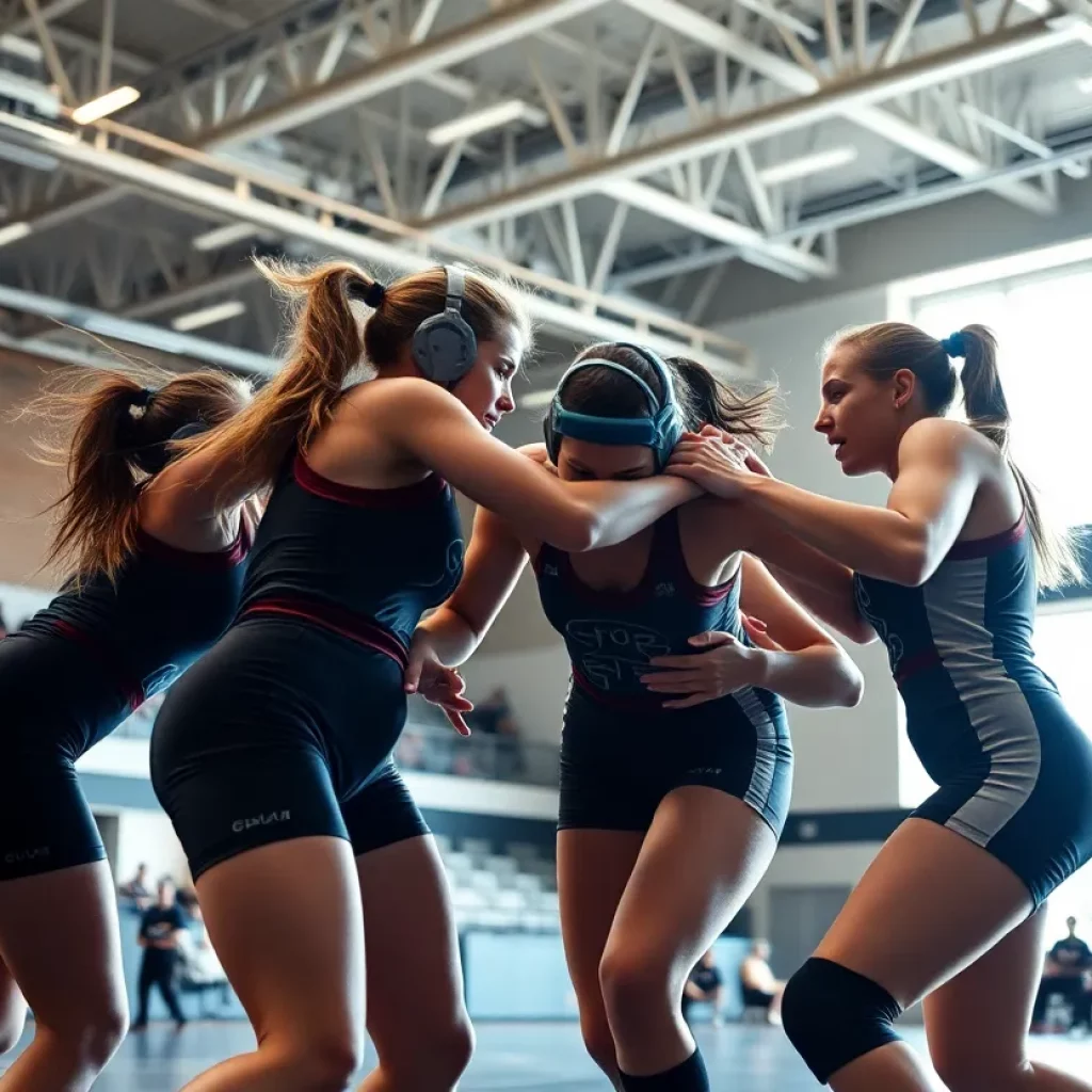 Female wrestlers competing during a match at King University