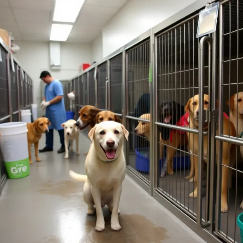 Animal shelter staff cleaning kennels during Parvovirus outbreak