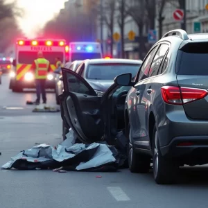 Scene of a serious car accident in Kingsport, TN with emergency services.