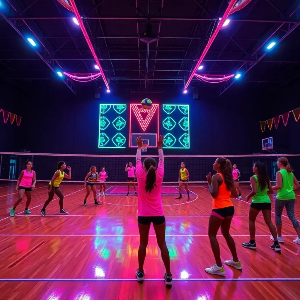 Players in neon clothing enjoying glow volleyball in a gym