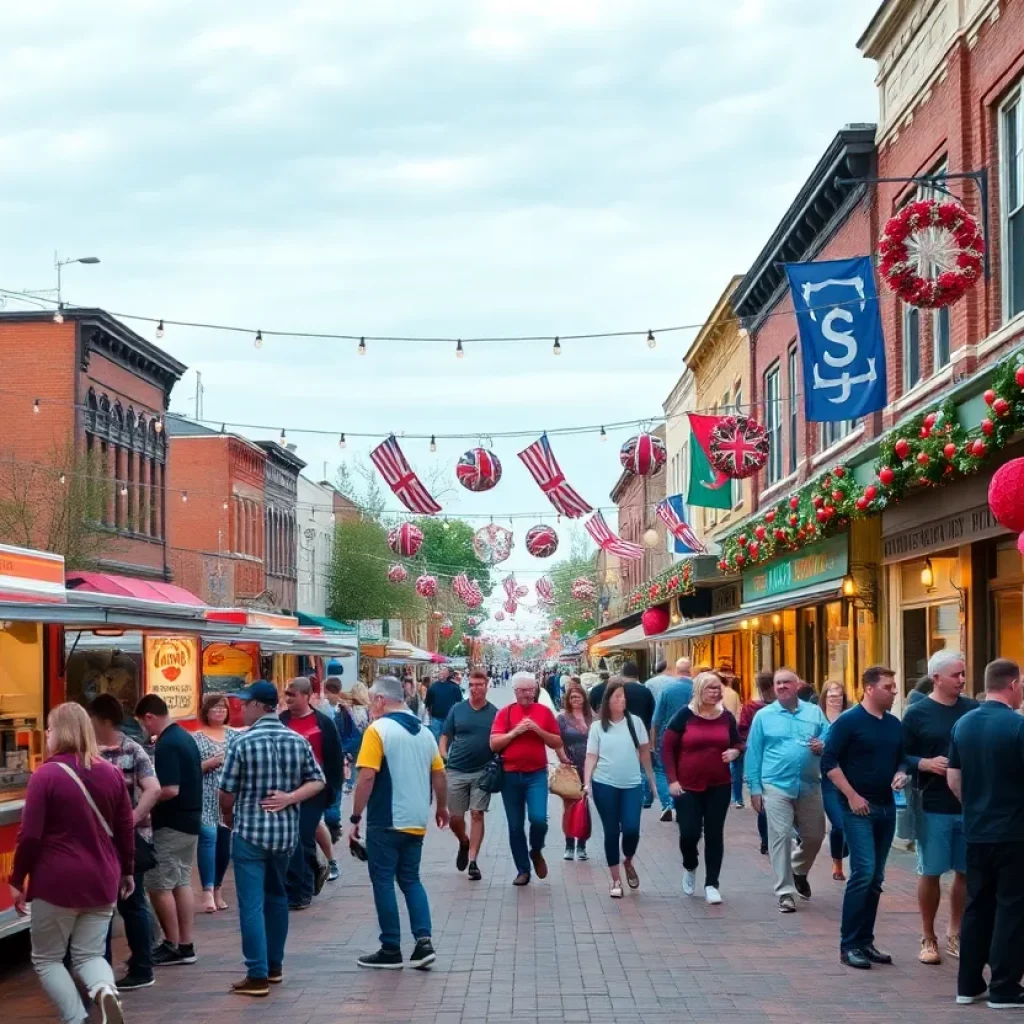 A bustling Kingsport Main Street with food trucks and crowds enjoying community festivities.