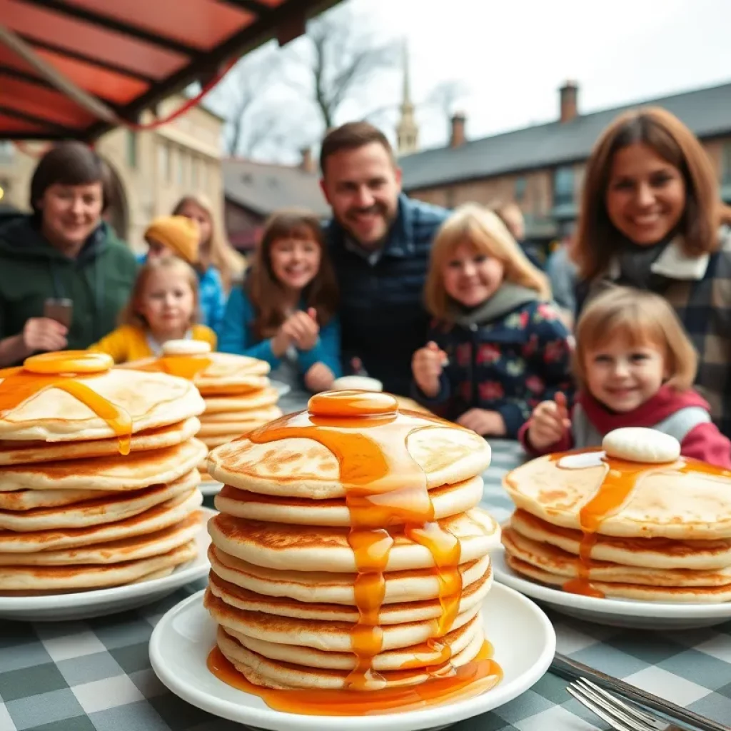 Families enjoying pancakes at the Maple Syrup Festival