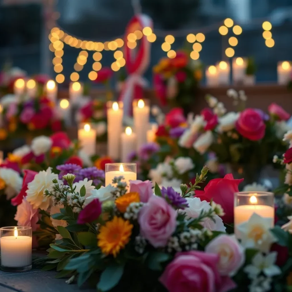 A serene memorial setup with flowers and candles.