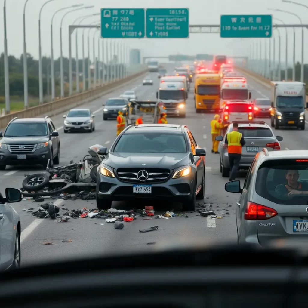 Scene of a multi-vehicle crash on I-26 with emergency responders and traffic congestion.