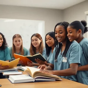 A group of nursing students engaged in study session together in a classroom.