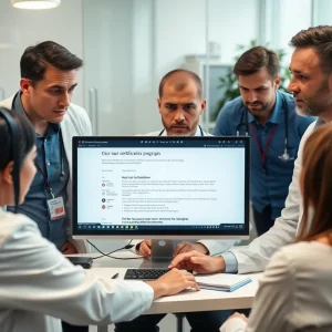 Group of physicians discussing certification panic in an office