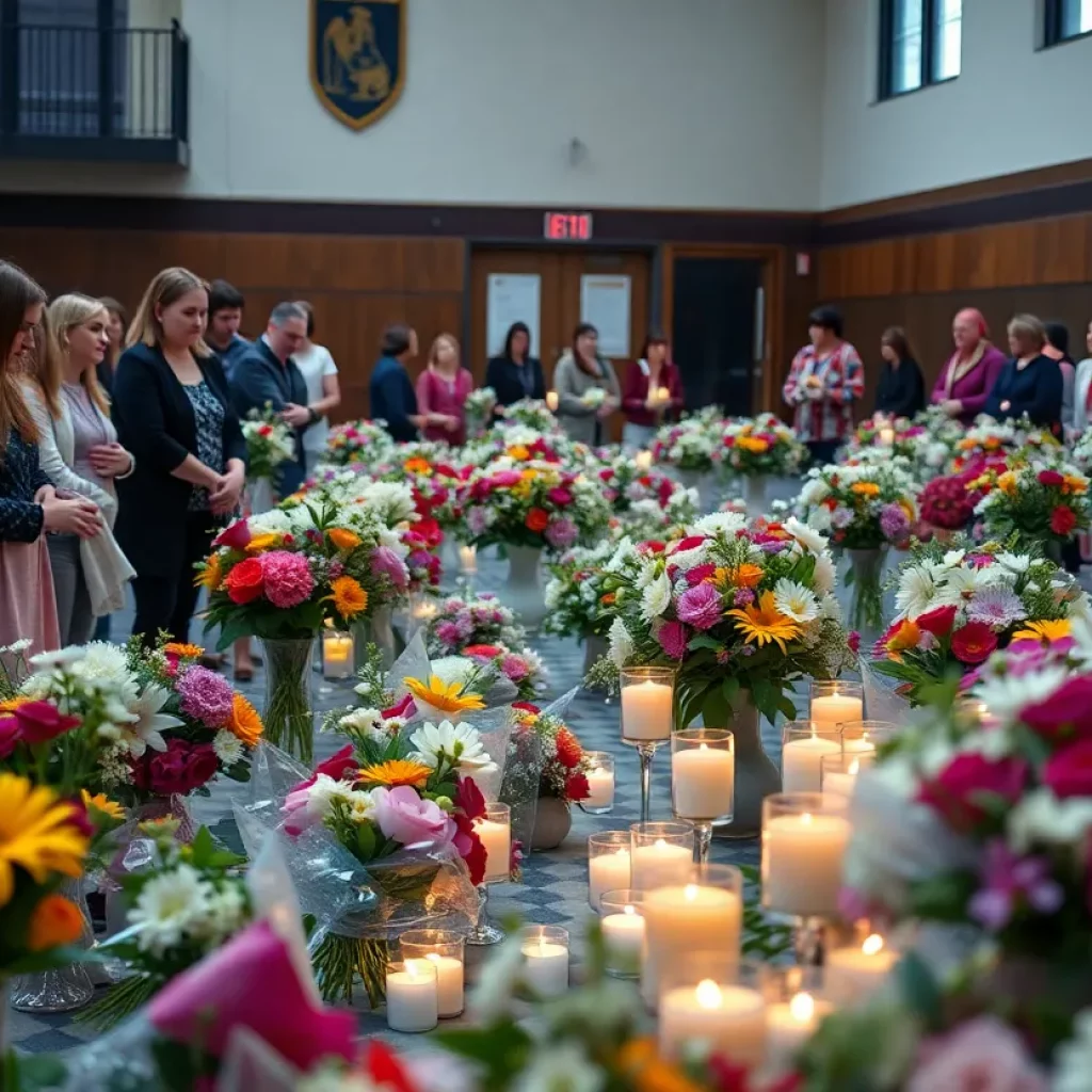 Community memorial gathering at Sullivan School with candles and flowers