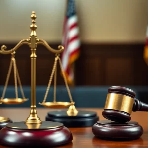 Courtroom with gavel and scales representing justice