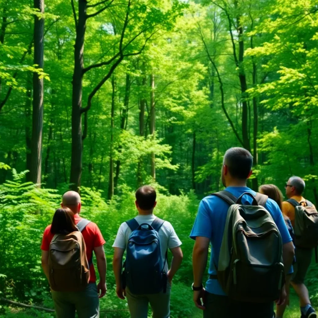 A group of hikers on a forest trail in Tennessee state park