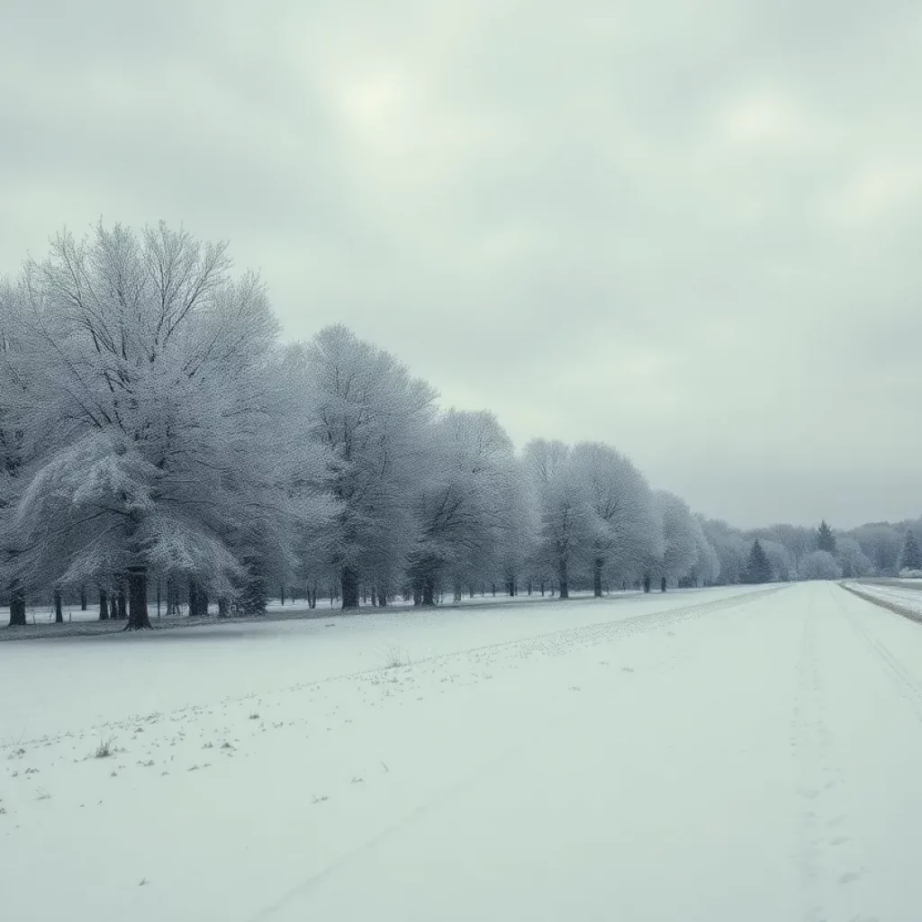 Snowy scene in the Tri-Cities with trees and cloudy sky