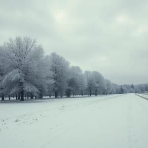 Snowy scene in the Tri-Cities with trees and cloudy sky