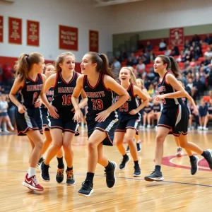 Action shot from a high school girls basketball game at White County High School.