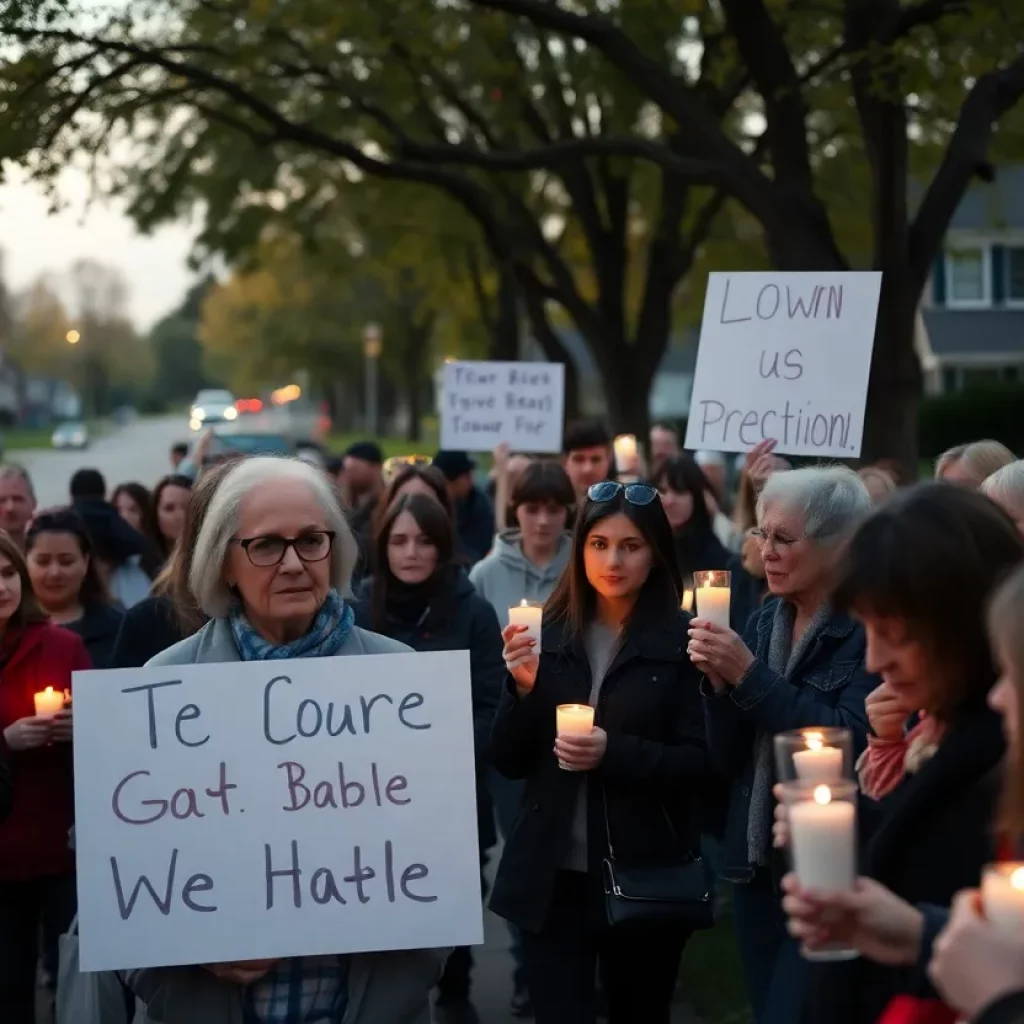 Community members gather in Bristol TN holding candles in memory of a tragic shooting incident.