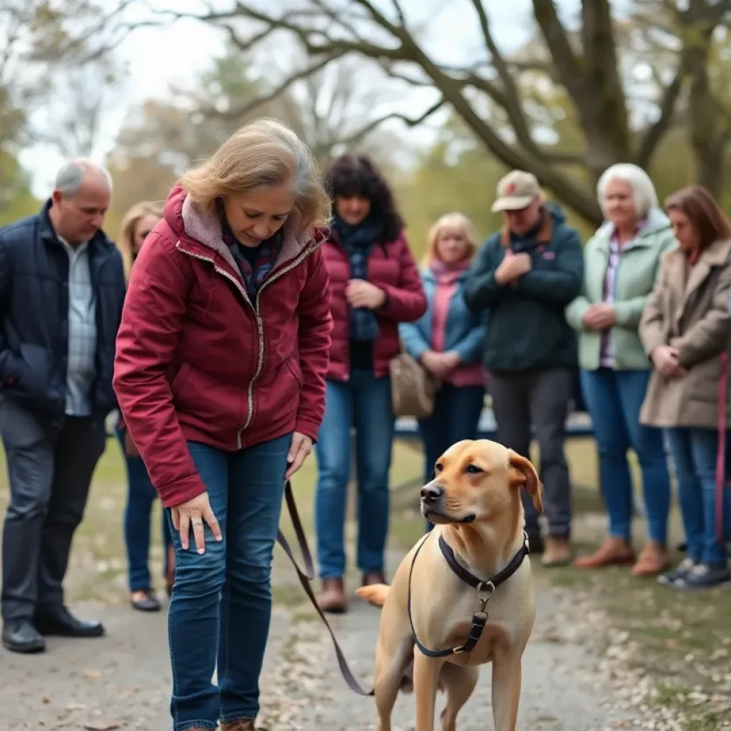 A dog owner searching for their missing dog in a park, with supportive community members around.