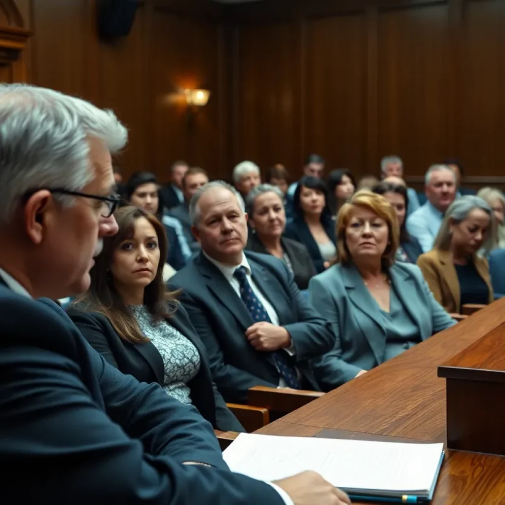 Courtroom scene depicting a judge and audience reacting to a sentencing case